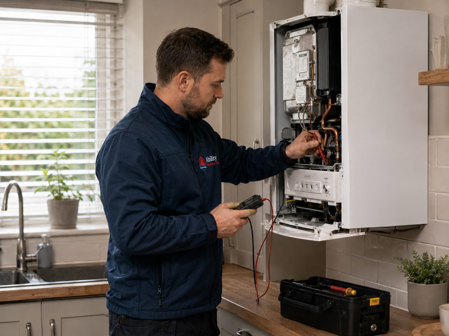 Engineer servicing a home boiler